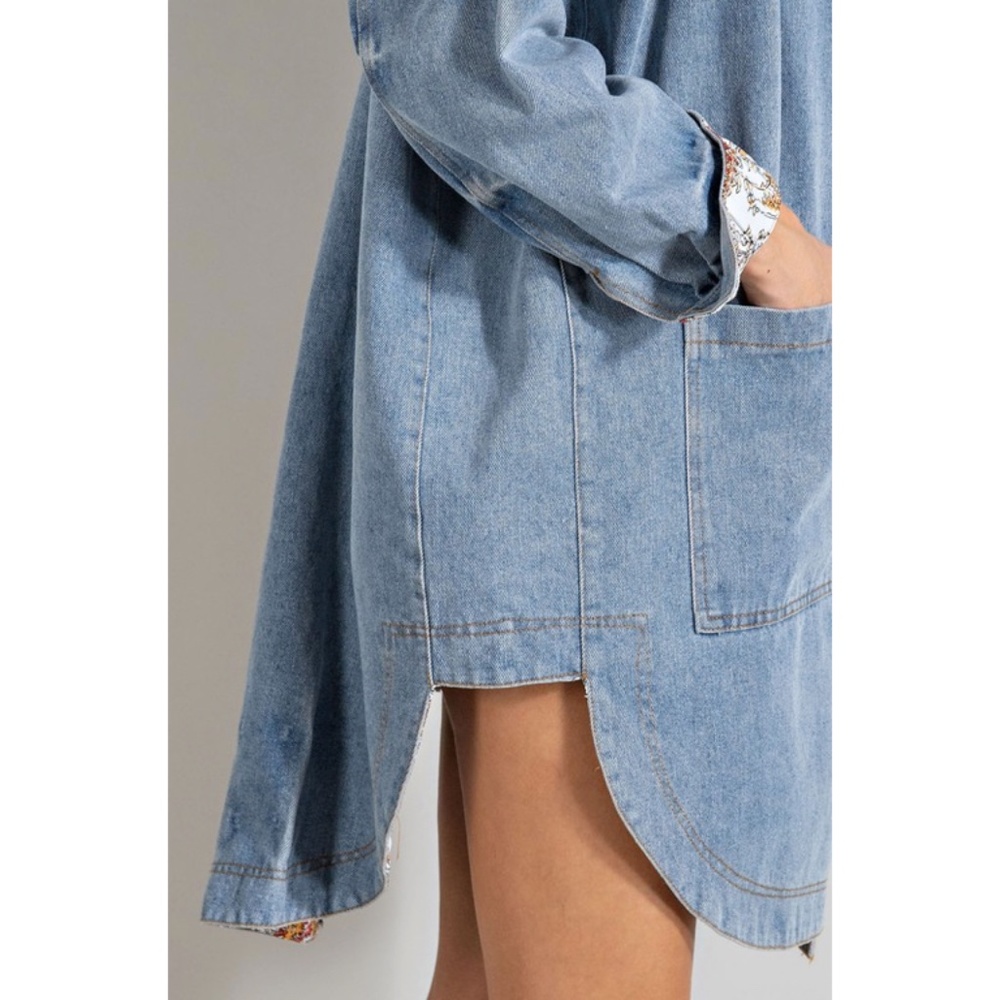 SOLD OUT Denim Blue Mineral Washed Oversized Long Jacket w/ Paisley Cuff Detail - Picture 10 of 11